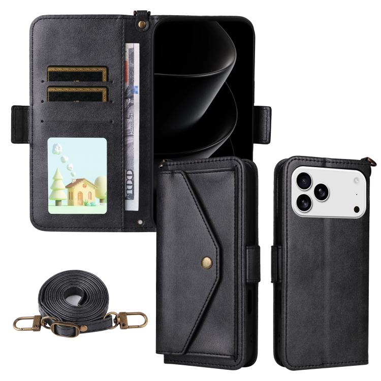 For iPhone 17 Pro Multi-card Slots Crossbody Cowhide Leather Phone Case(Black)