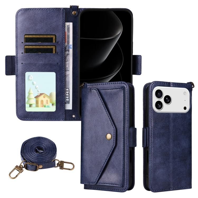 For iPhone 17 Pro Multi-card Slots Crossbody Cowhide Leather Phone Case(Blue)