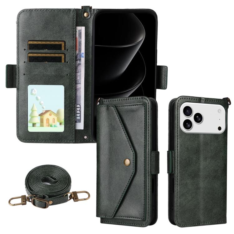 For iPhone 17 Pro Multi-card Slots Crossbody Cowhide Leather Phone Case(Green)