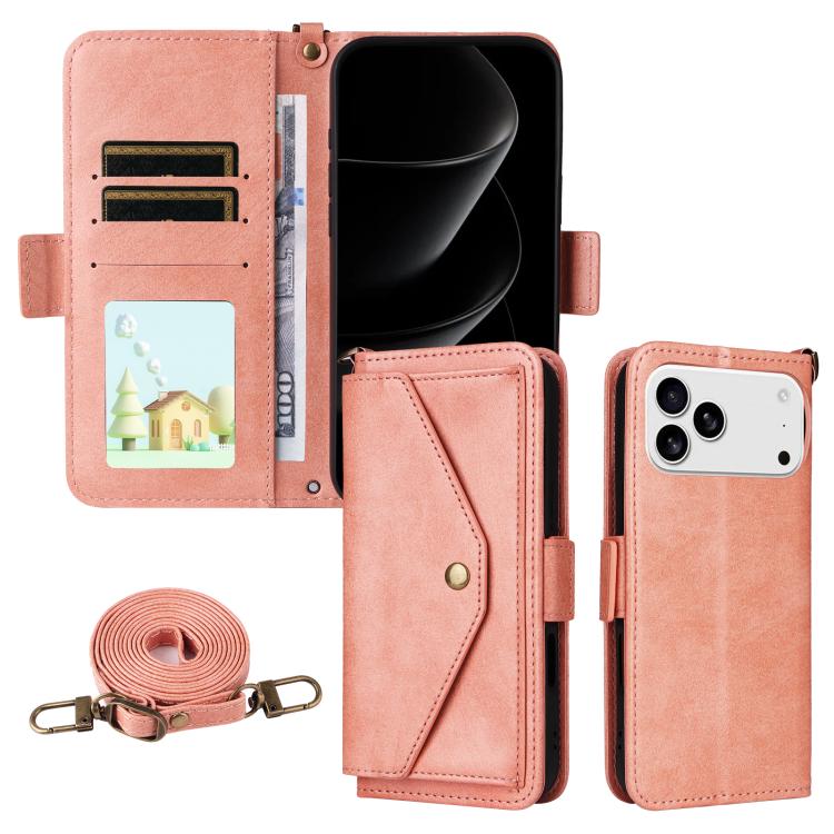 For iPhone 17 Pro Multi-card Slots Crossbody Cowhide Leather Phone Case(Pink)