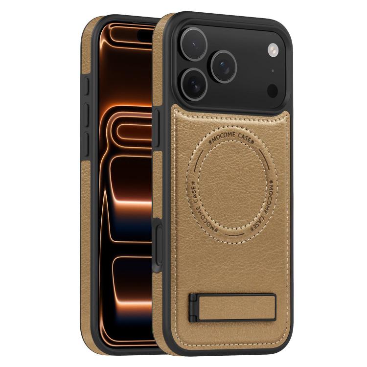 For iPhone 17 Pro Multi-function Holder MagSafe PU Phone Case(Desert Gold)