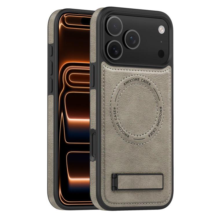 For iPhone 17 Pro Multi-function Holder MagSafe PU Phone Case(Gray)
