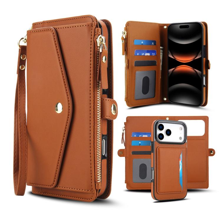 For iPhone 17 Pro Multifunctional Wallet Detachable Leather Phone Case with Lanyard(Brown)