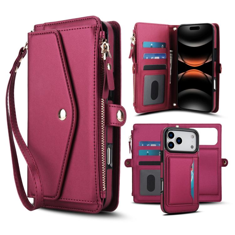 For iPhone 17 Pro Multifunctional Wallet Detachable Leather Phone Case with Lanyard(Red)