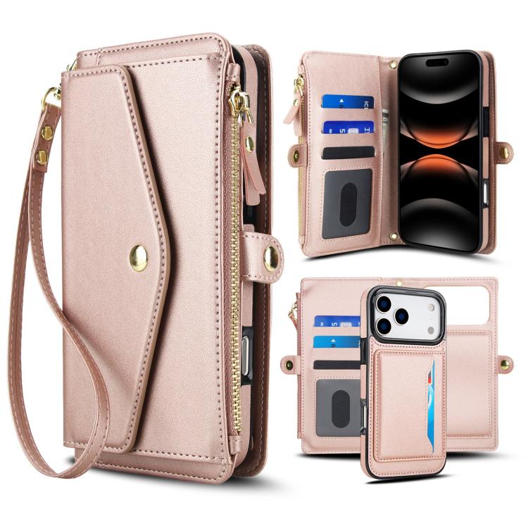 For iPhone 17 Pro Multifunctional Wallet Detachable Leather Phone Case with Lanyard(Rose Gold)