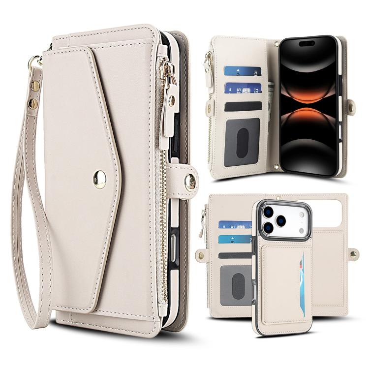 For iPhone 17 Pro Multifunctional Wallet Detachable Leather Phone Case with Lanyard(White)
