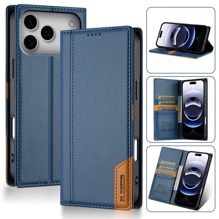 For iPhone 17 Pro N.BEKUS P3 RFID Stitching Magnetic Flip Leather Phone Case(Blue)