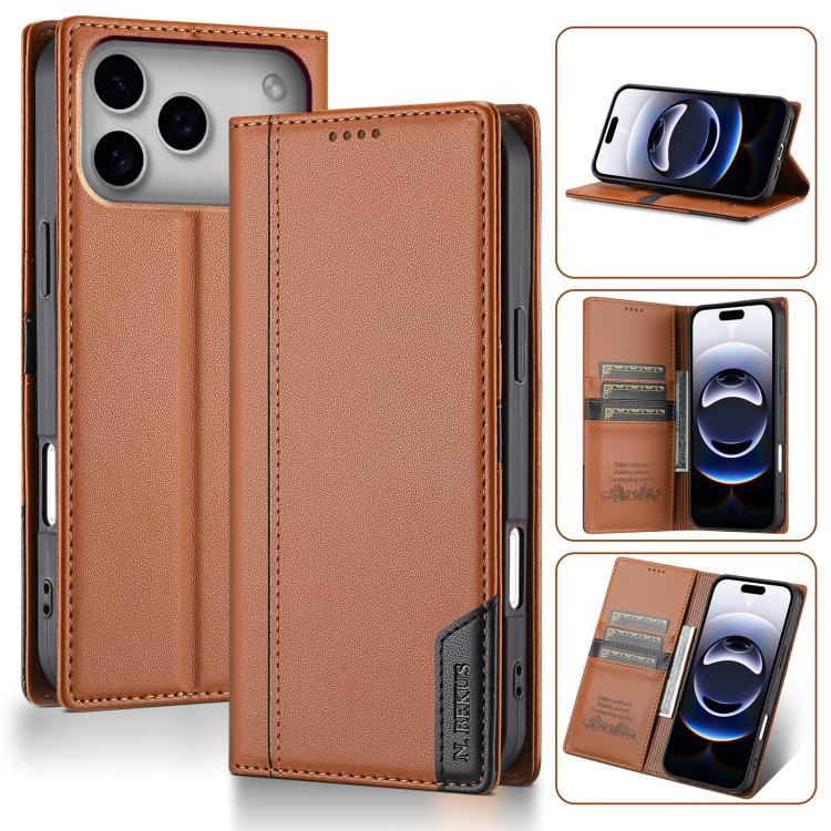 For iPhone 17 Pro N.BEKUS P3 RFID Stitching Magnetic Flip Leather Phone Case(Brown)