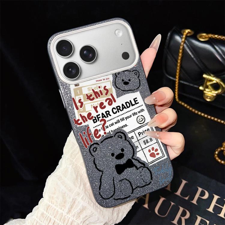 For iPhone 17 Pro Newspaper Bear Pattern IMD Glitter PC Hybrid TPU Phone Case(Black)