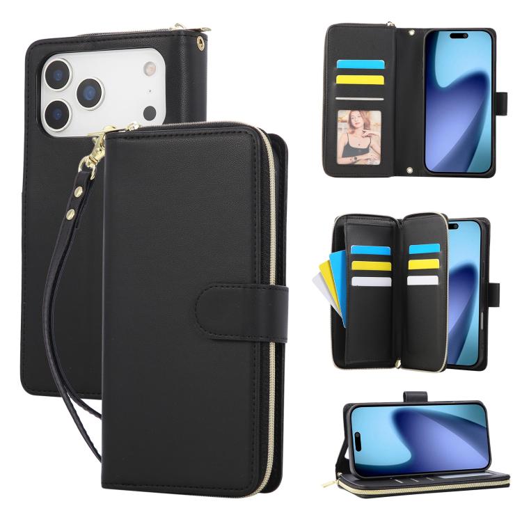 For iPhone 17 Pro Nine-card Slots Zipper Wallet Bag Leather Phone Case(Black)