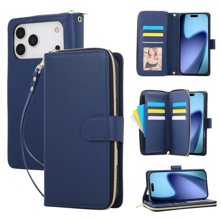 For iPhone 17 Pro Nine-card Slots Zipper Wallet Bag Leather Phone Case(Blue)