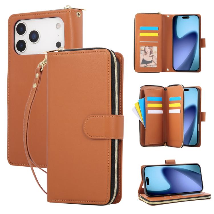 For iPhone 17 Pro Nine-card Slots Zipper Wallet Bag Leather Phone Case(Brown)