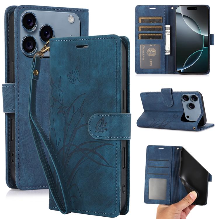 For iPhone 17 Pro Orchid Butterfly Embossed Leather Phone Case(Blue)