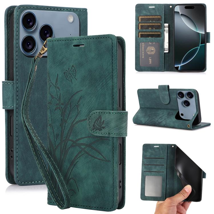 For iPhone 17 Pro Orchid Butterfly Embossed Leather Phone Case(Green)