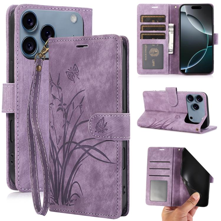 For iPhone 17 Pro Orchid Butterfly Embossed Leather Phone Case(Purple)