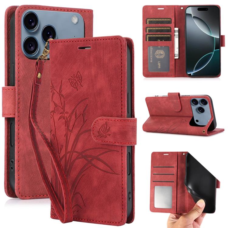For iPhone 17 Pro Orchid Butterfly Embossed Leather Phone Case(Red)