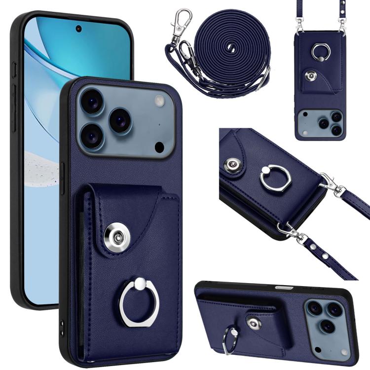 For iPhone 17 Pro Organ Card Bag Ring Holder Phone Case with Long Lanyard(Blue)