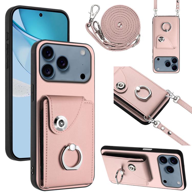 For iPhone 17 Pro Organ Card Bag Ring Holder Phone Case with Long Lanyard(Pink)