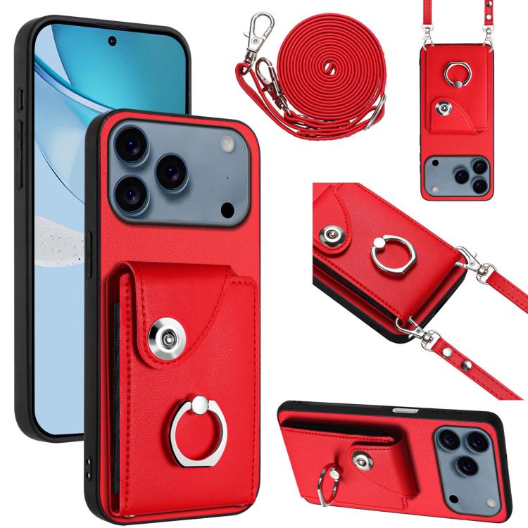 For iPhone 17 Pro Organ Card Bag Ring Holder Phone Case with Long Lanyard(Red)