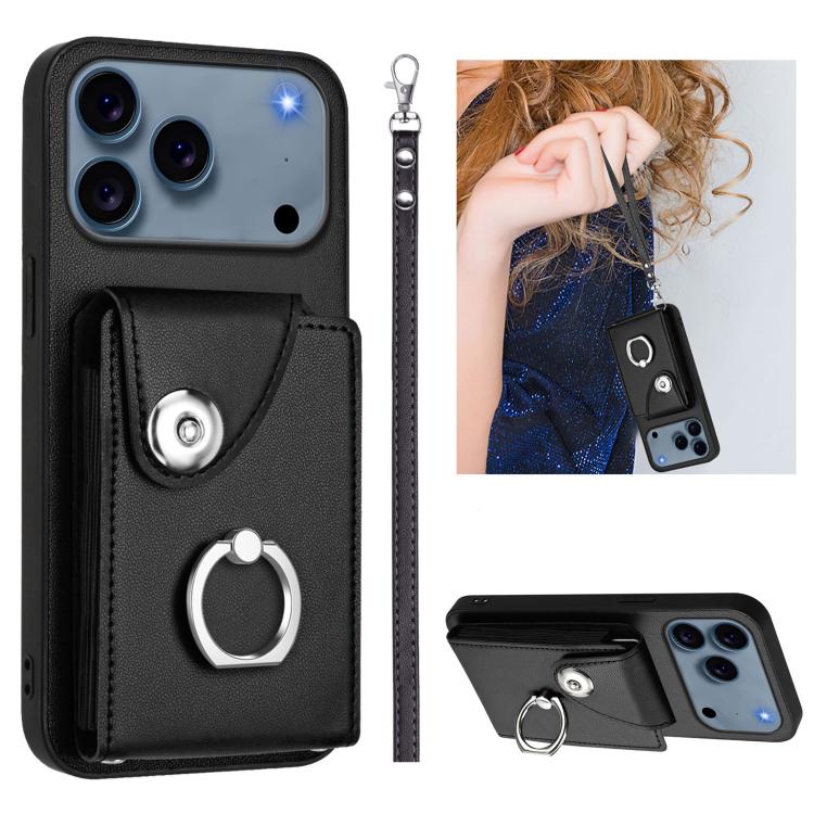 For iPhone 17 Pro Organ Card Bag Ring Holder PU Phone Case with Lanyard(Black)