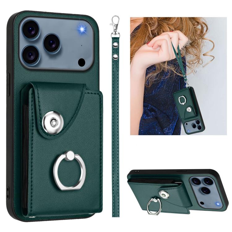For iPhone 17 Pro Organ Card Bag Ring Holder PU Phone Case with Lanyard(Green)