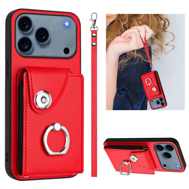 For iPhone 17 Pro Organ Card Bag Ring Holder PU Phone Case with Lanyard(Red)