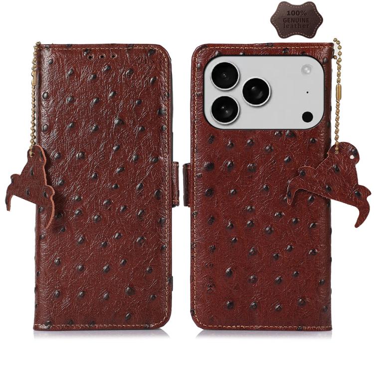 For iPhone 17 Pro Ostrich Pattern Genuine Leather RFID Phone Case(Coffee)