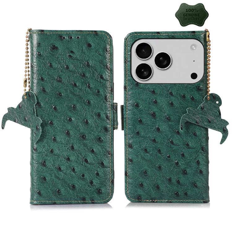 For iPhone 17 Pro Ostrich Pattern Genuine Leather RFID Phone Case(Green)