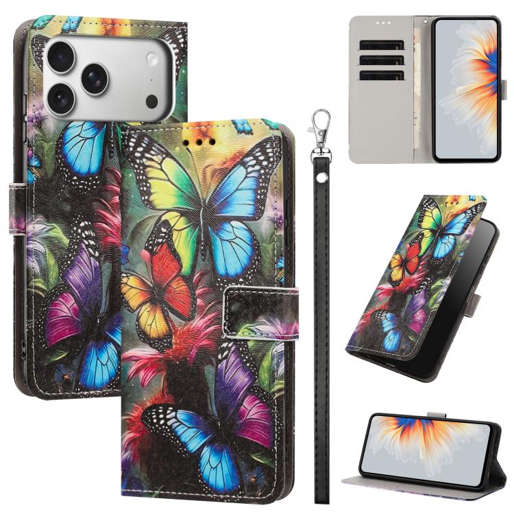 For iPhone 17 Pro Painted Pattern Vegan Leather Phone Case with Strap(Colorful Butterfly)
