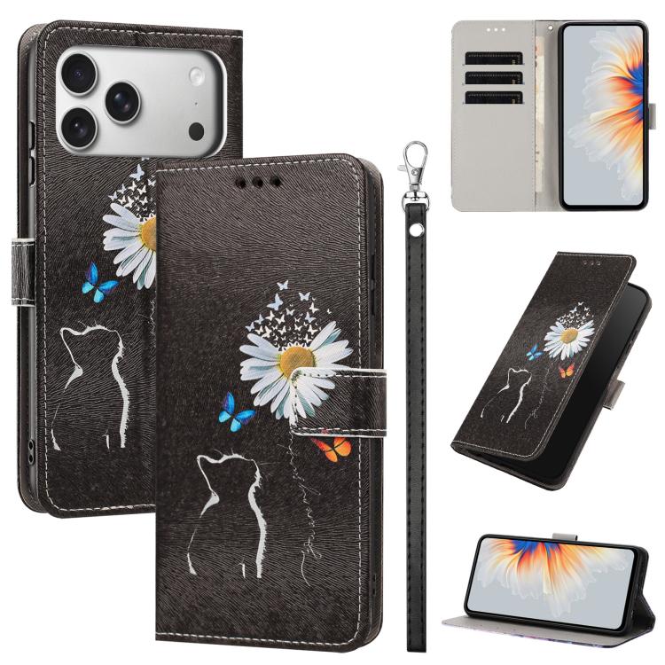For iPhone 17 Pro Painted Pattern Vegan Leather Phone Case with Strap(Daisy Cat)