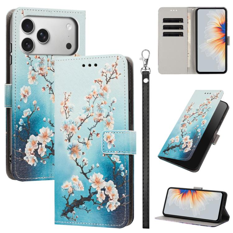 For iPhone 17 Pro Painted Pattern Vegan Leather Phone Case with Strap(Plum Blossom)
