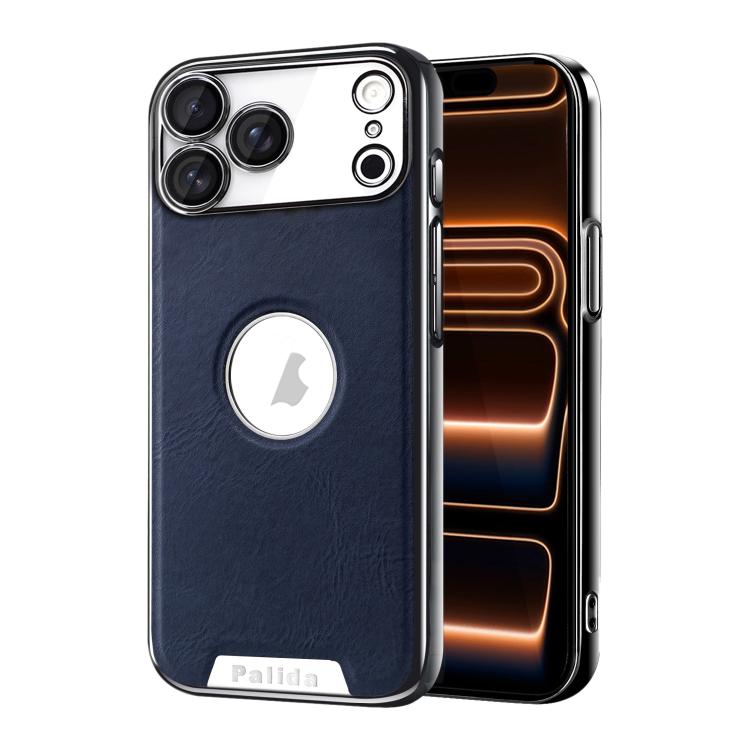 For iPhone 17 Pro Palida Electroplated Mecha-Style Vegan Leather Shockproof Phone Case(Blue)