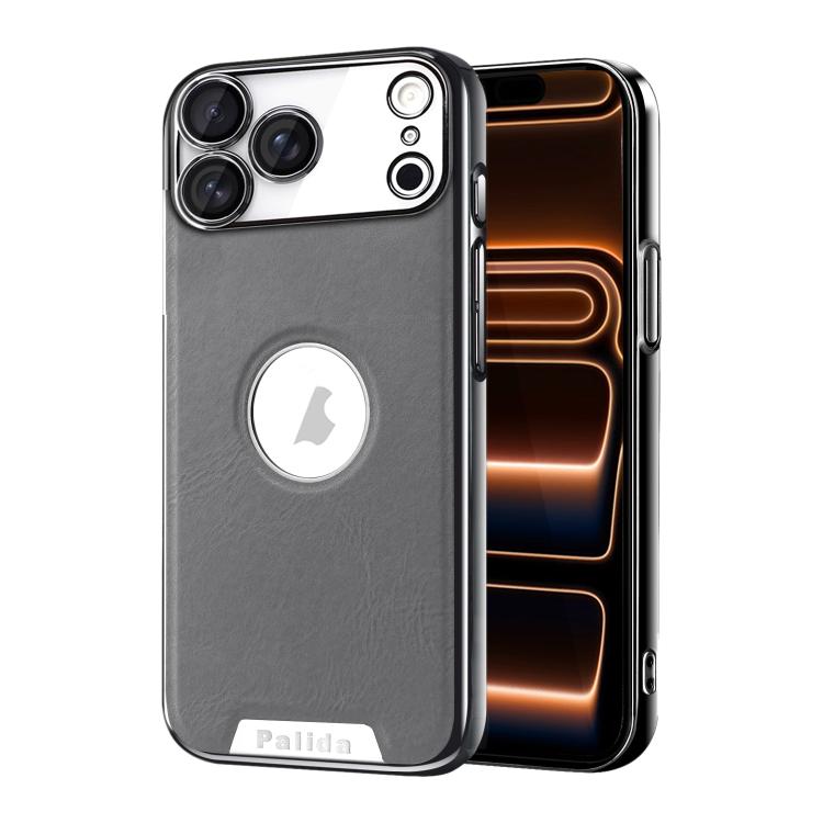 For iPhone 17 Pro Palida Electroplated Mecha-Style Vegan Leather Shockproof Phone Case(Gray)