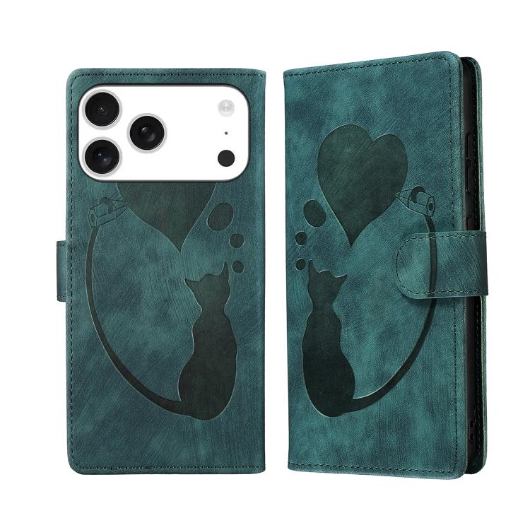 For iPhone 17 Pro Pen Heart Cat Embossed Leather Phone Case(Green)