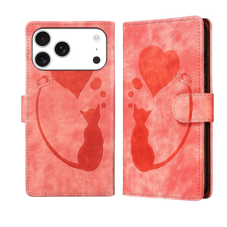 For iPhone 17 Pro Pen Heart Cat Embossed Leather Phone Case(Orange)