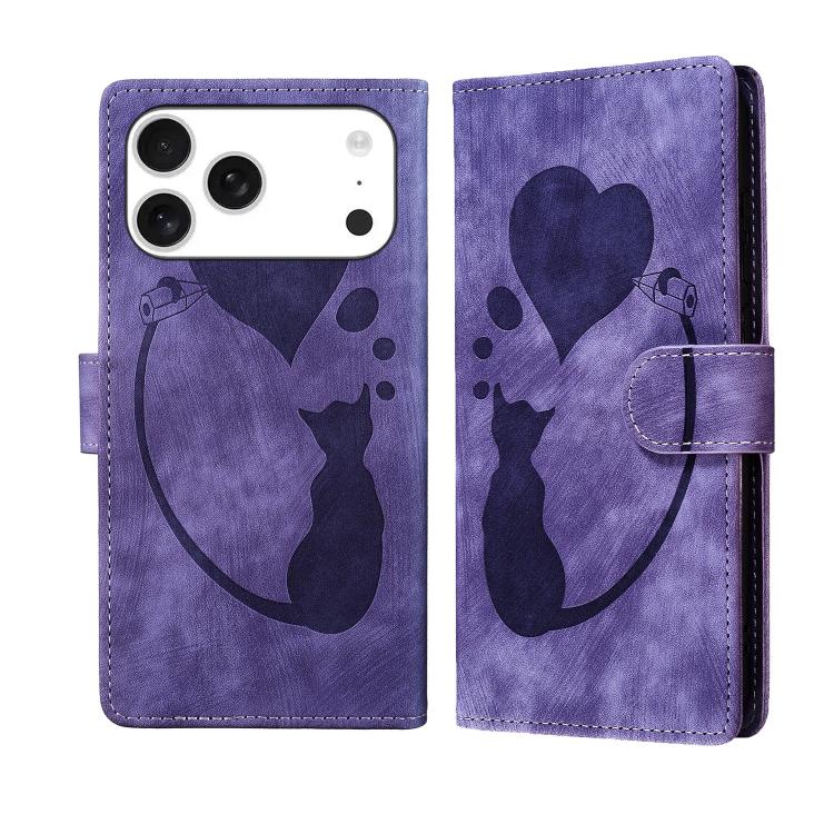 For iPhone 17 Pro Pen Heart Cat Embossed Leather Phone Case(Purple)