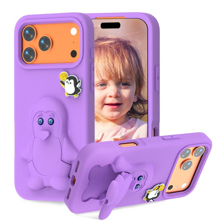 For iPhone 17 Pro Penguin Baby EVA Shockproof Phone Case with Holder(Purple)