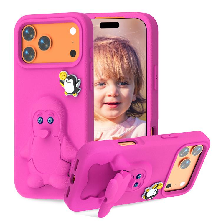 For iPhone 17 Pro Penguin Baby EVA Shockproof Phone Case with Holder(RoseRed)