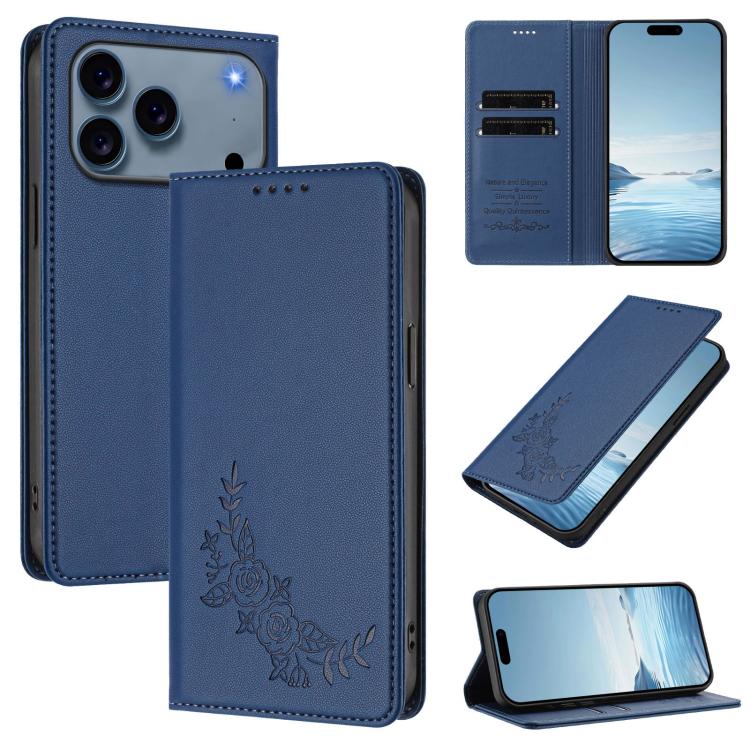 For iPhone 17 Pro Peony Embossed Magnetic RFID Vegan Leather Phone Case(Dark Blue)