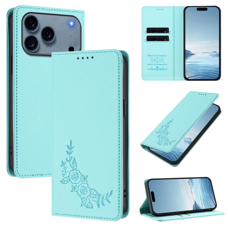 For iPhone 17 Pro Peony Embossed Magnetic RFID Vegan Leather Phone Case(Mint Green)