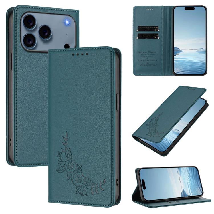 For iPhone 17 Pro Peony Embossed Magnetic RFID Vegan Leather Phone Case(Peacock Green)