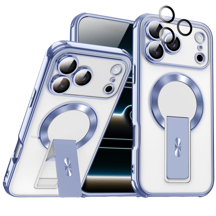 For iPhone 17 Pro Phantom Electroplated Four-Corner Airbag Invisible Holder Shockproof Magnetic Phone Case(Blue)
