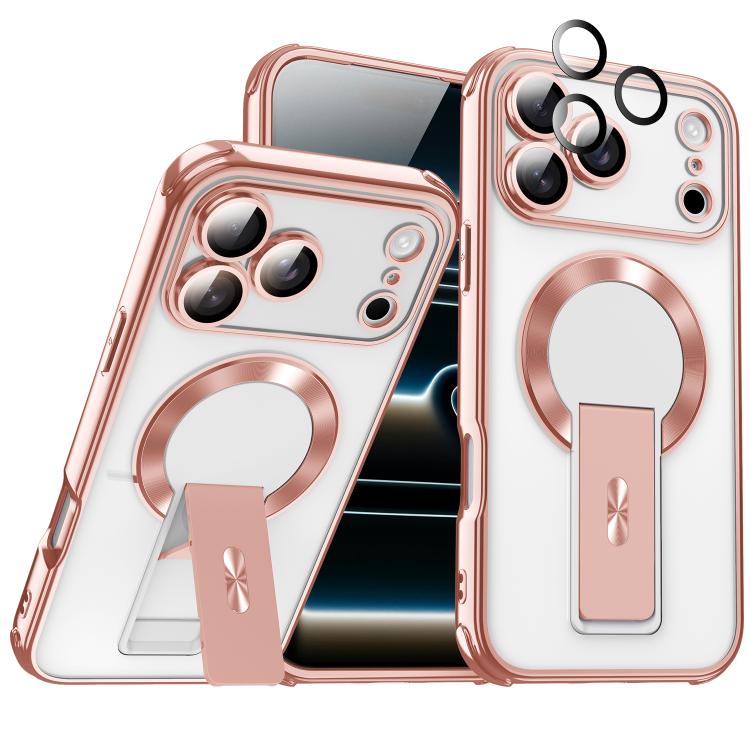 For iPhone 17 Pro Phantom Electroplated Four-Corner Airbag Invisible Holder Shockproof Magnetic Phone Case(Pink)