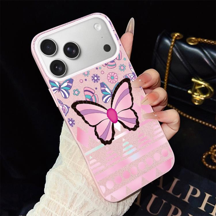 For iPhone 17 Pro Pink Butterfly Pattern IMD Glitter PC Hybrid TPU Phone Case(Pink)