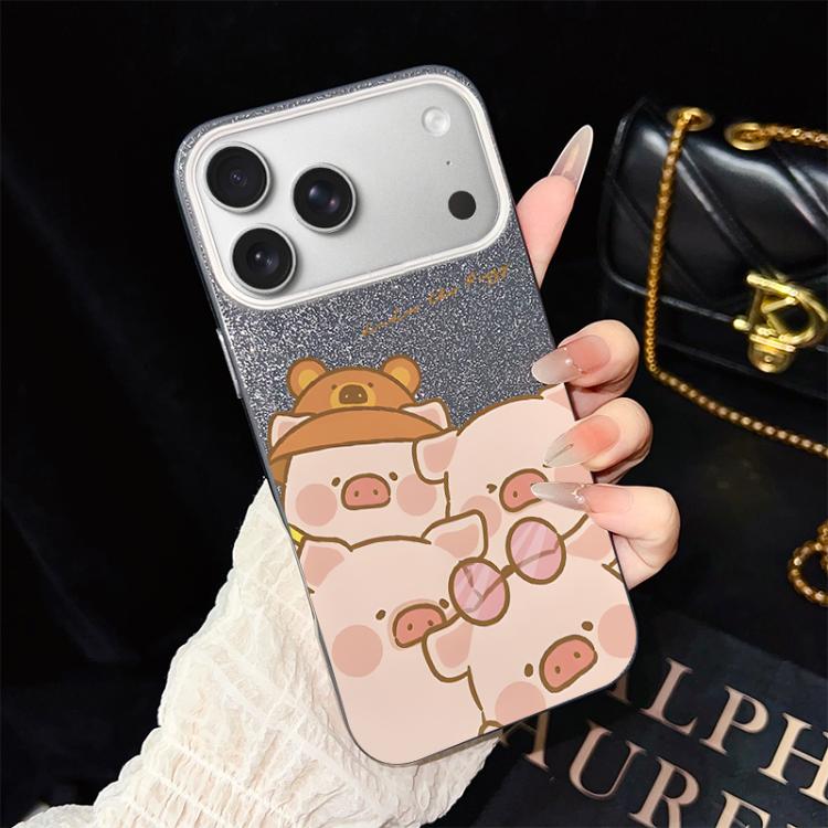 For iPhone 17 Pro Pink Pig Pattern IMD Glitter PC Hybrid TPU Phone Case(Black)