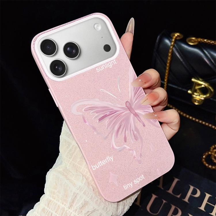 For iPhone 17 Pro Pink Stars Butterfly Pattern IMD Glitter PC Hybrid TPU Phone Case(Pink)