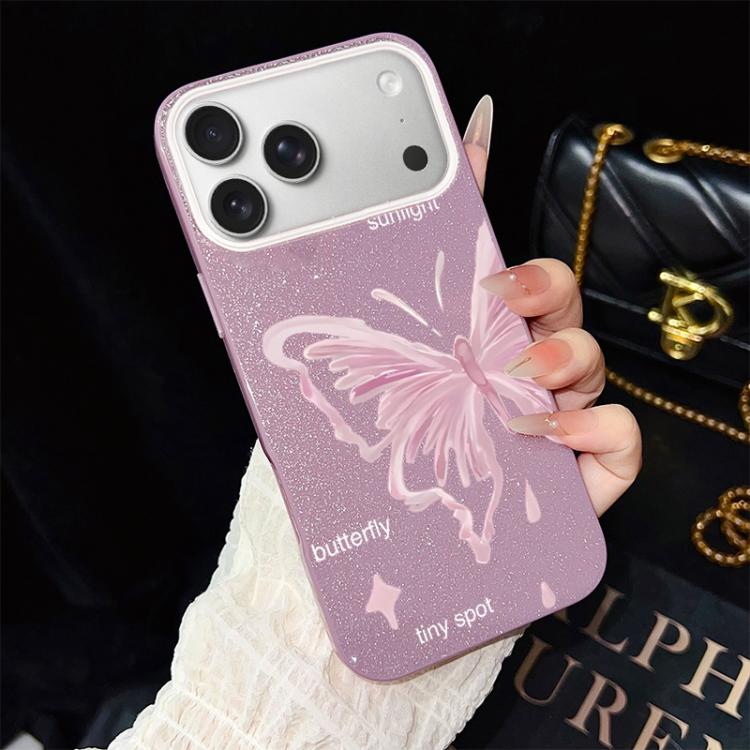 For iPhone 17 Pro Pink Stars Butterfly Pattern IMD Glitter PC Hybrid TPU Phone Case(Purple)