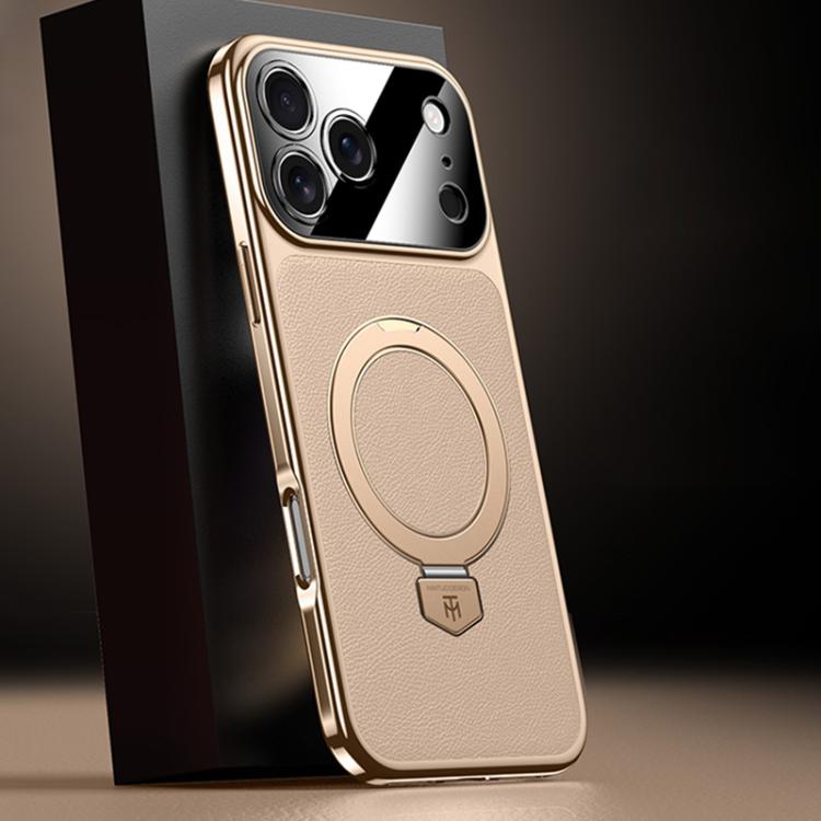 For iPhone 17 Pro Plain Leather MagSafe Holder Phone Case(Gold)