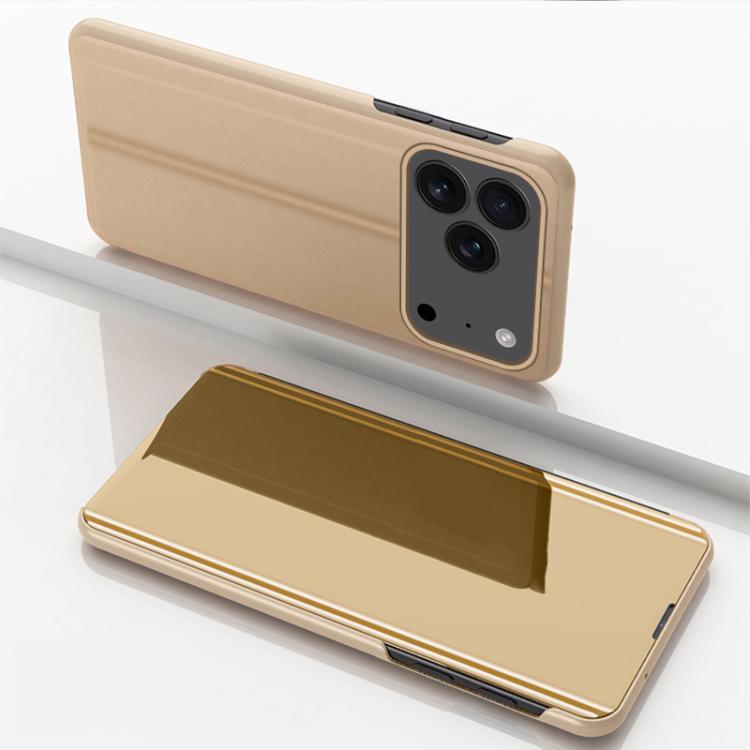 For iPhone 17 Pro Plated Mirror Horizontal Flip Leather Phone Case with Holder(Gold)