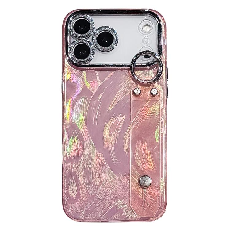 For iPhone 17 Pro Plating Feather-Gauze Texture Wristband Holder TPU Phone Case with Lens Film(Pink)